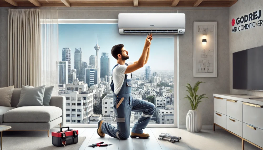 Professional technician installing a Godrej AC in a modern Hyderabad apartment to ensure optimal cooling efficiency.