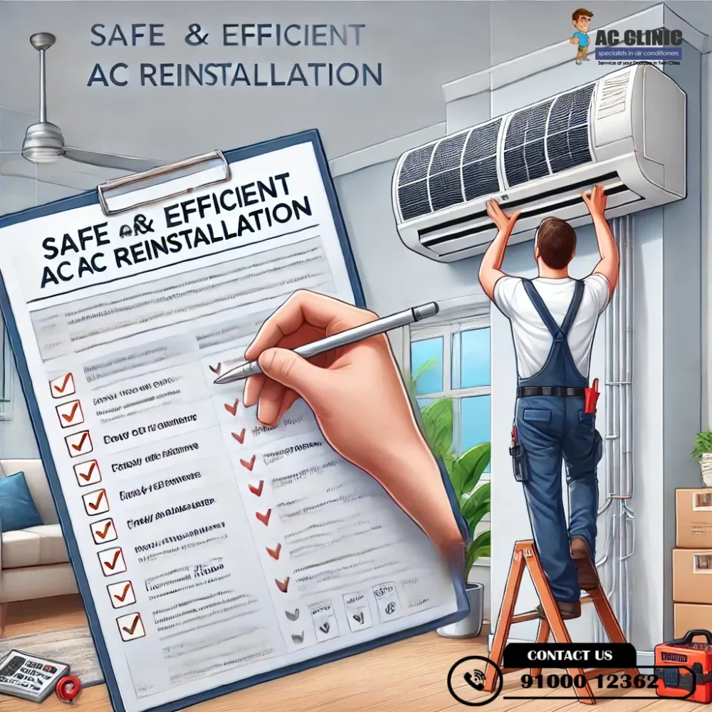 Step-by-step guide for safe and efficient AC reinstallation to ensure smooth cooling. Expert advice from AC Clinic. Call 9100012362 for AC services in Hyderabad.