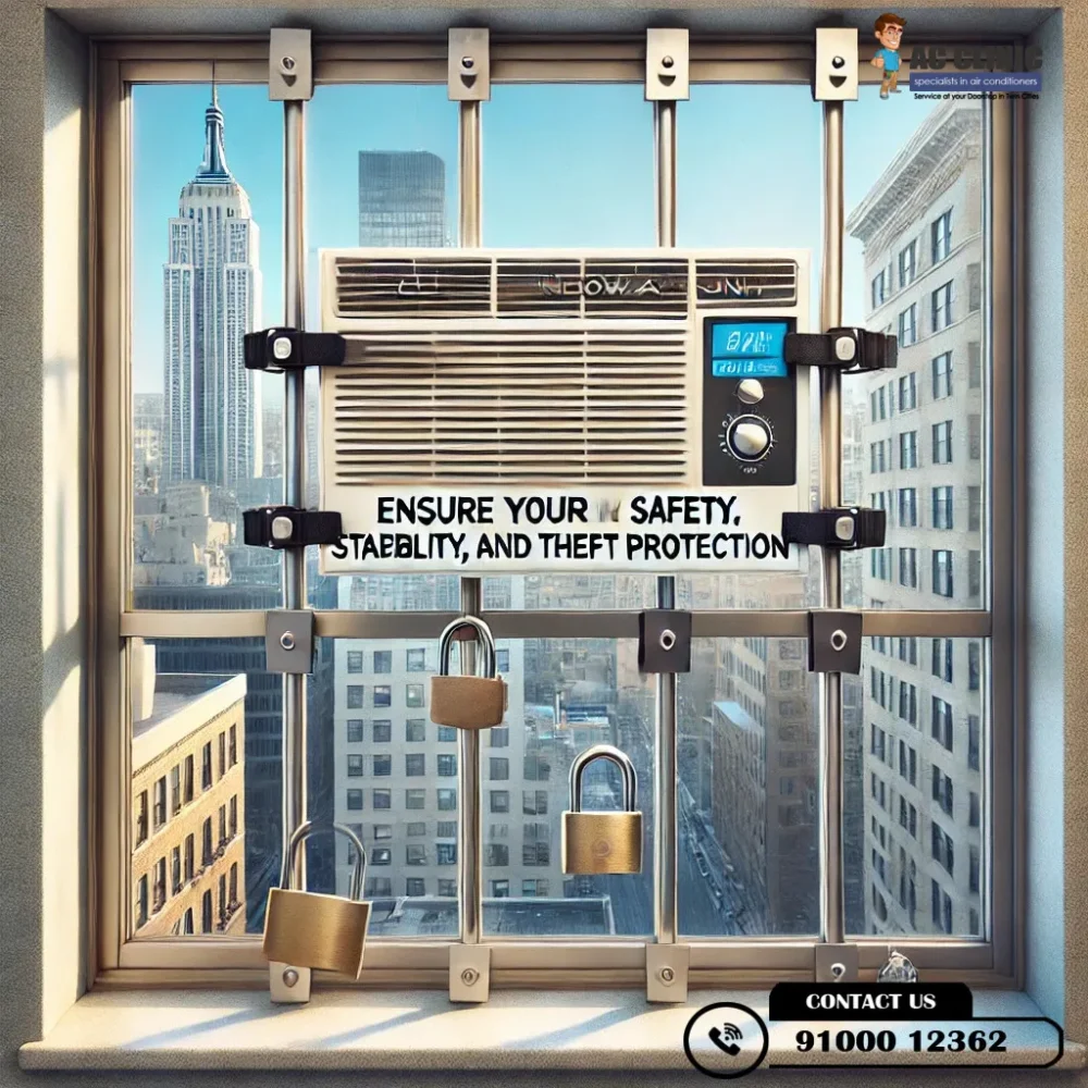 Tips to secure your window AC unit for safety, stability, and theft protection. Expert advice from AC Clinic. Call 9100012362 for professional AC services in Hyderabad.
