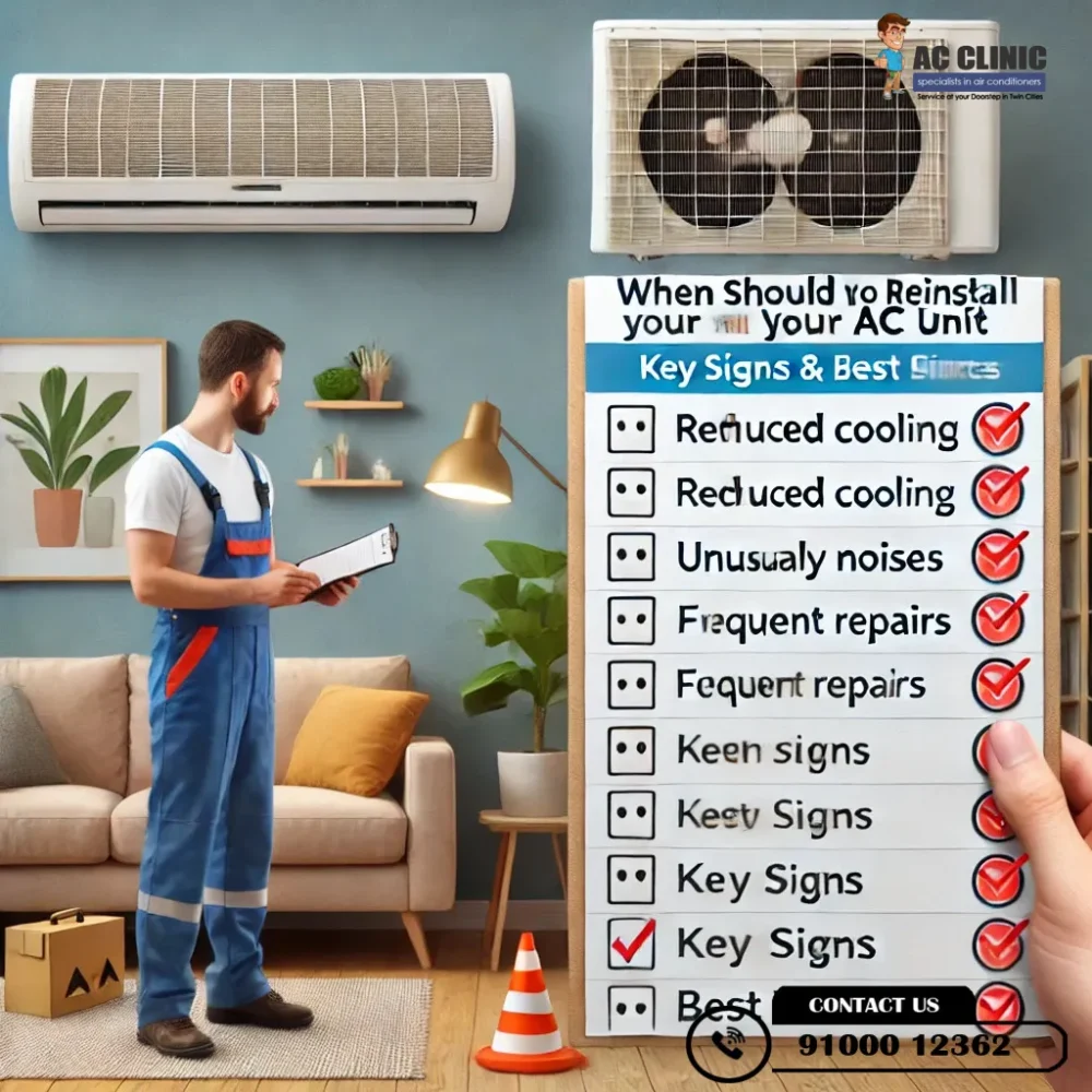 Key signs you need to reinstall your AC unit – A guide by AC Clinic (9100012362) for proper air conditioner reinstallation.