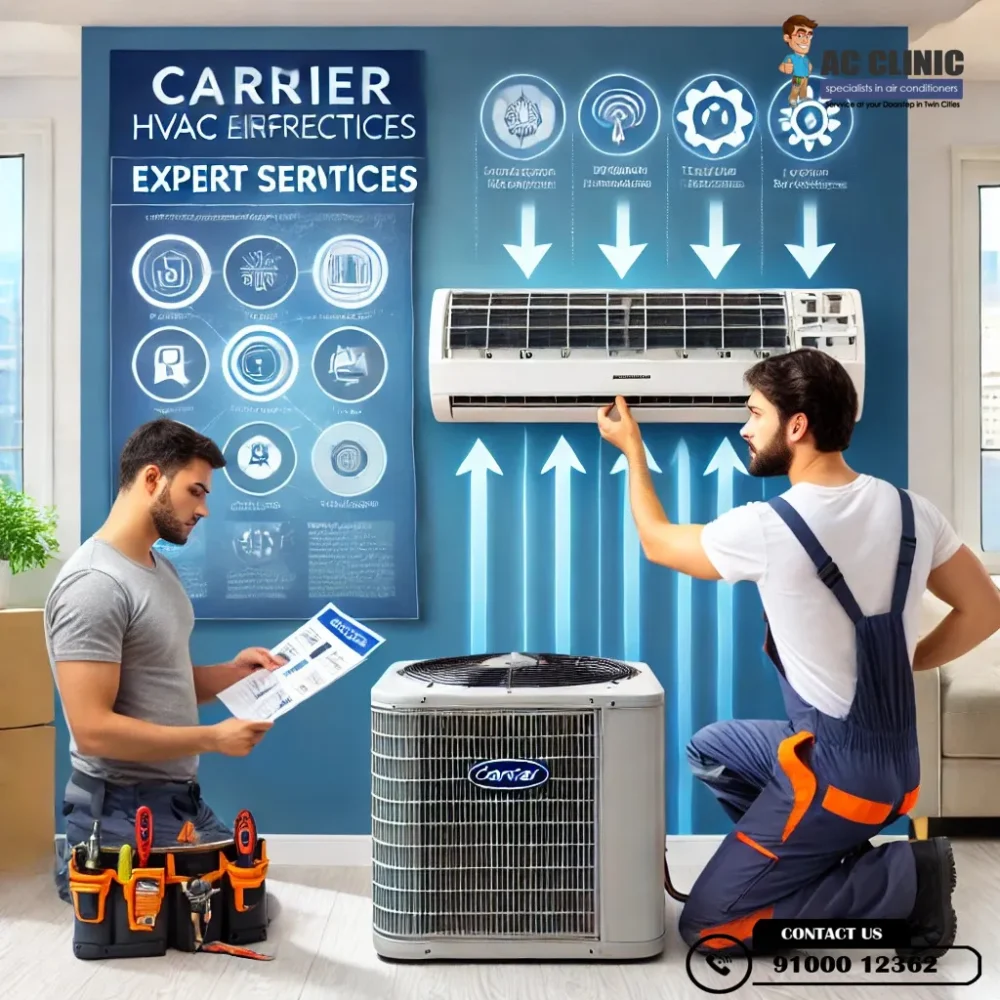 Proper Carrier AC installation in Hyderabad following HVAC best practices by AC Clinic | Call 9100012362.